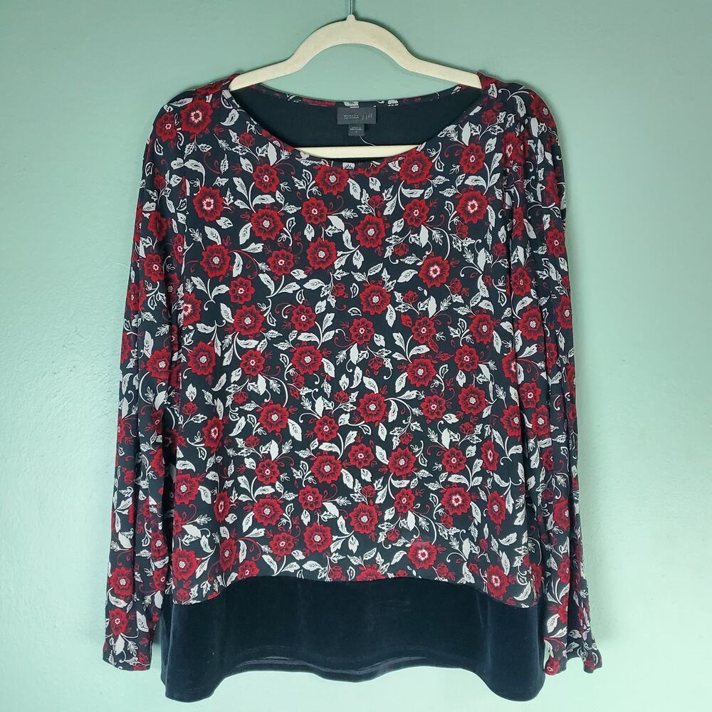 J. Jill Wearever Womens Black Floral Print Long Sleeve Velvet Hem Top Size Large